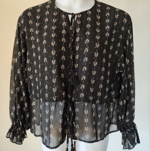 Allison New York anthropologie black tassel printed Sheer Women's  Blouse Large